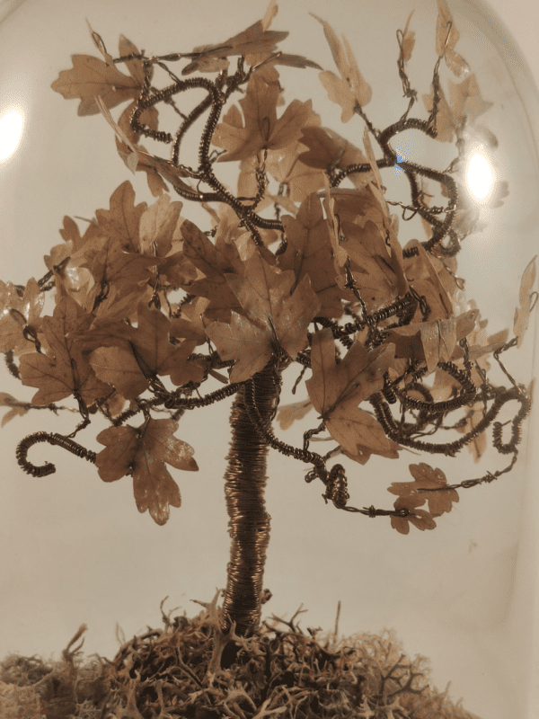 Arbre de vie en fil de fer argenté avec des feuilles de chêne et de la mousse. Composition sous cloche de verre. Vue de près