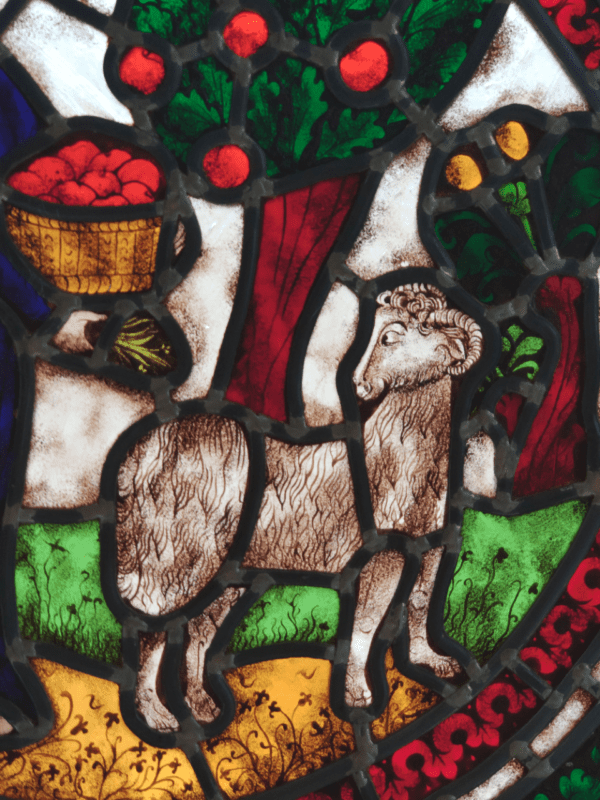 vitrail médiéval représentant une bergère et son mouton. Le vitrail est inséré dans une boite en bois avec un système d'éclairage. Vue de près du mouton
